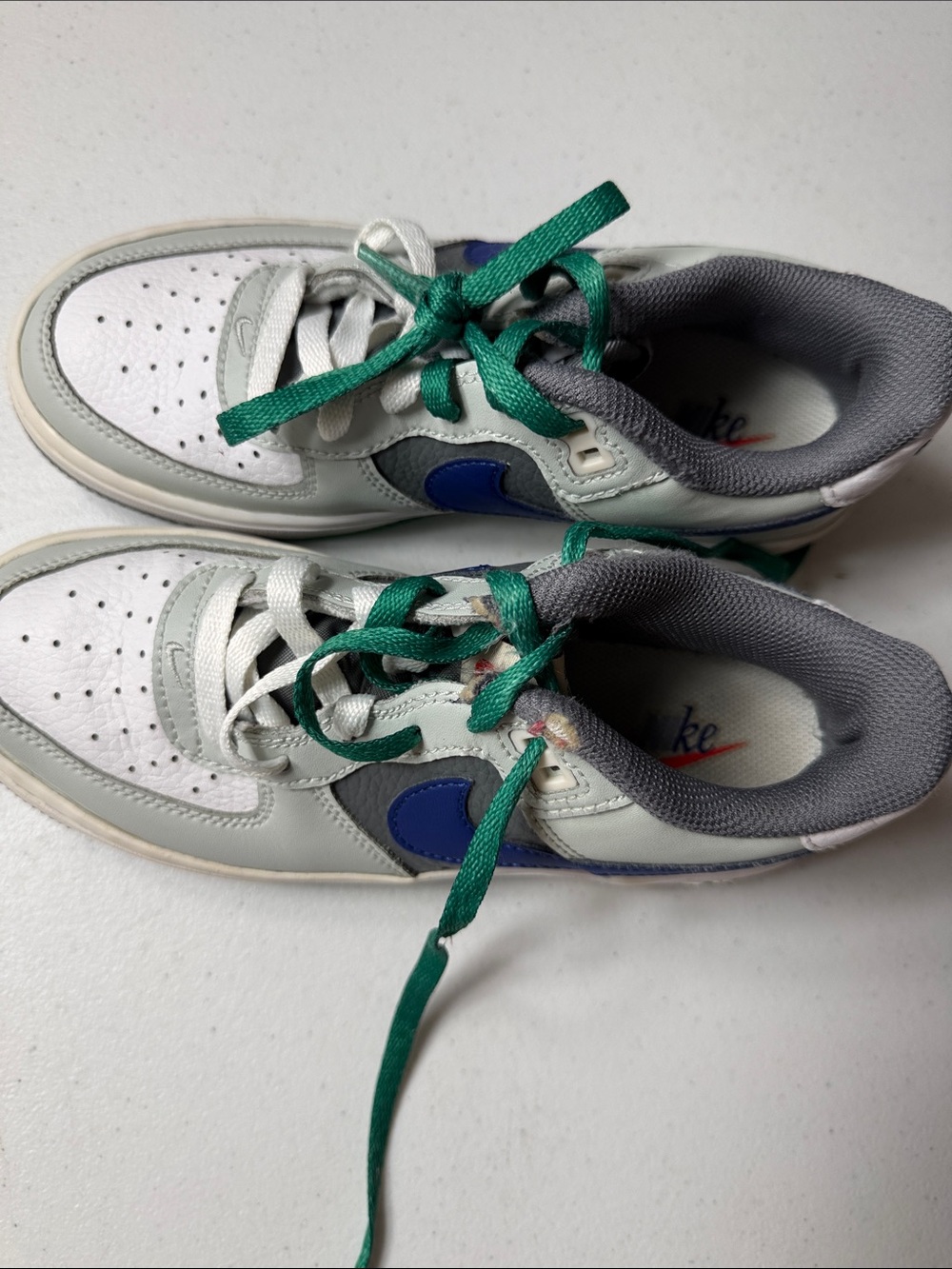 Nike Airforce 1 Kids Sneakers in White, Gray, Blue & Green Laces - Picture 2 of 5